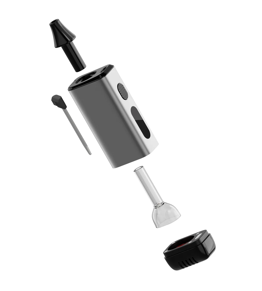 Exploded view of the Eburn device showing mouthpiece, heating chamber, USB-C rechargeable body and base